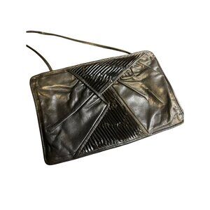 Vintage Venetto Black Leather Clutch Crossbody Bag Pleated Classic Retro